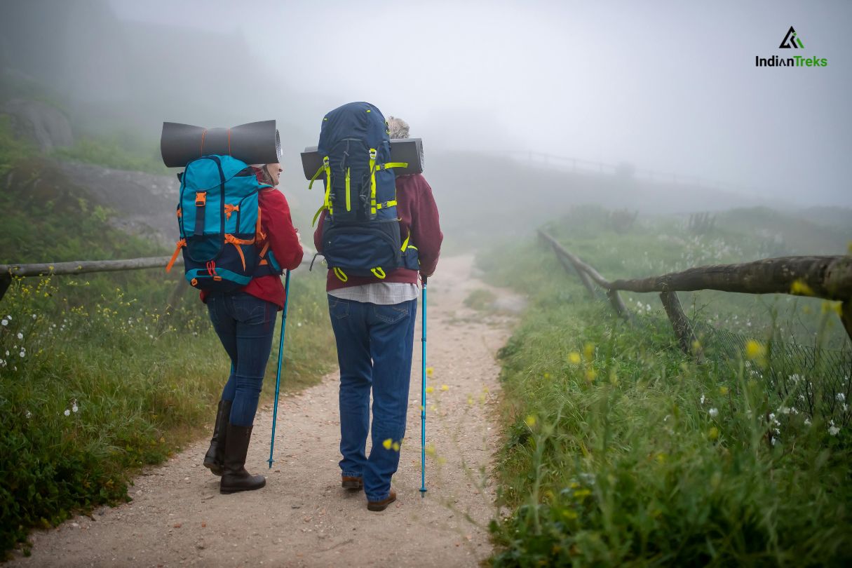 Backpack compartments showing organized trekking gear