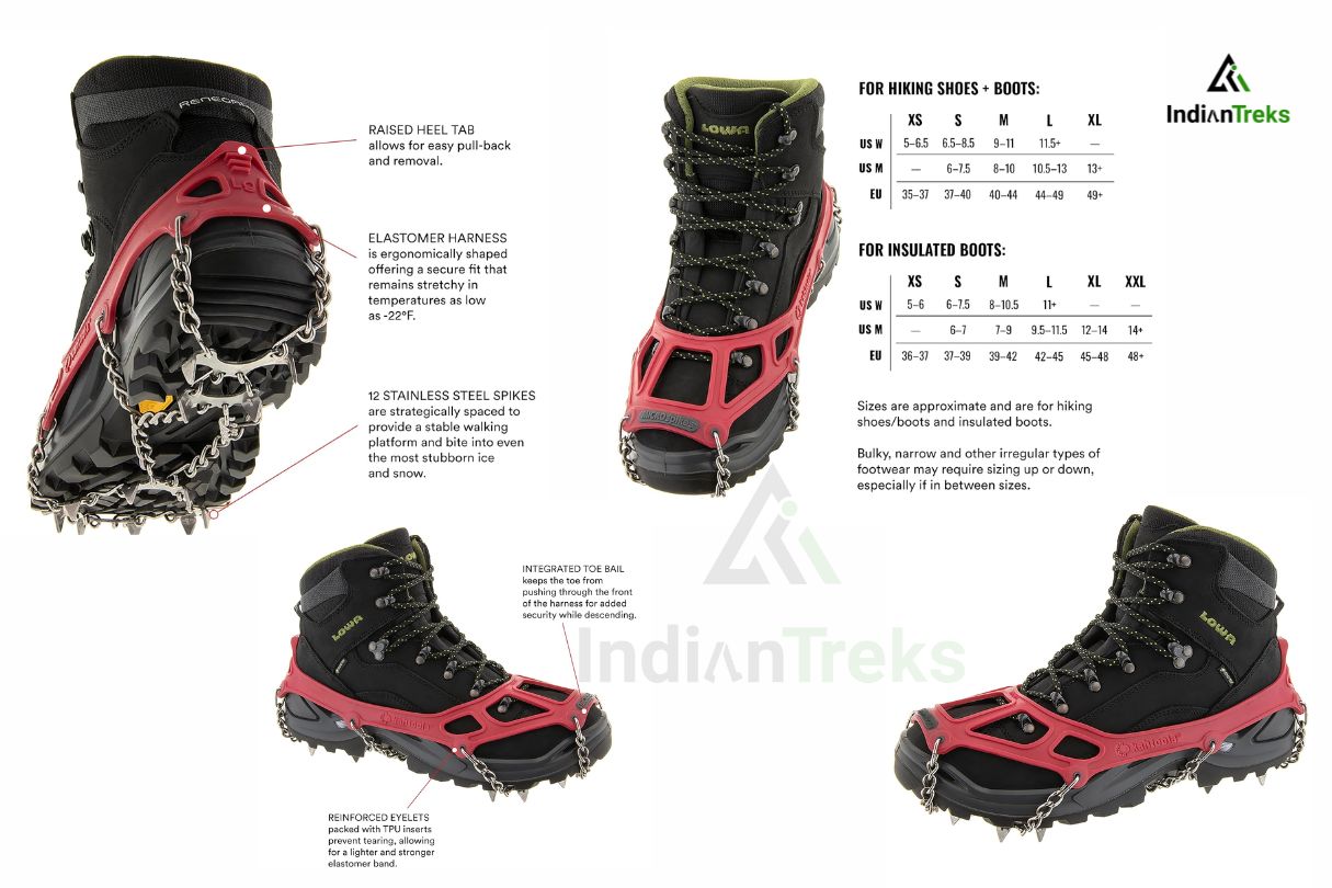 Microspikes for hiking boots on snowy trail