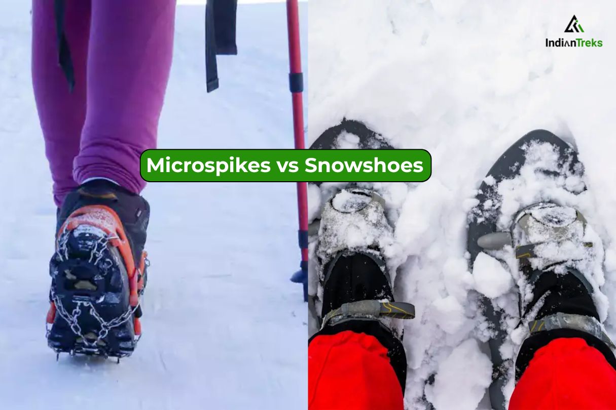 Hiker wearing microspikes on snowy mountain trail