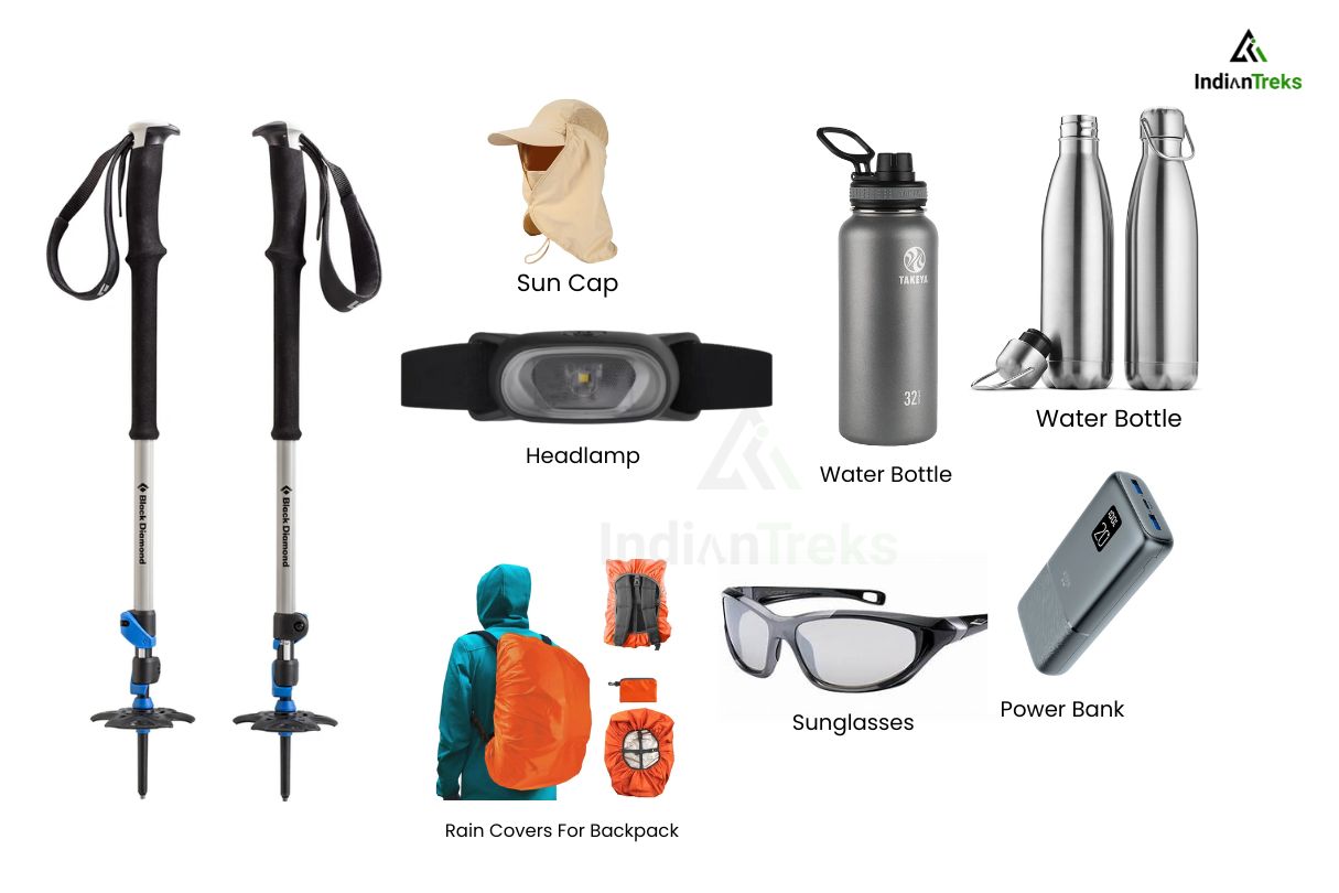 Layered clothing for Himalayan trek including jackets, thermals, trekking pants, and accessories