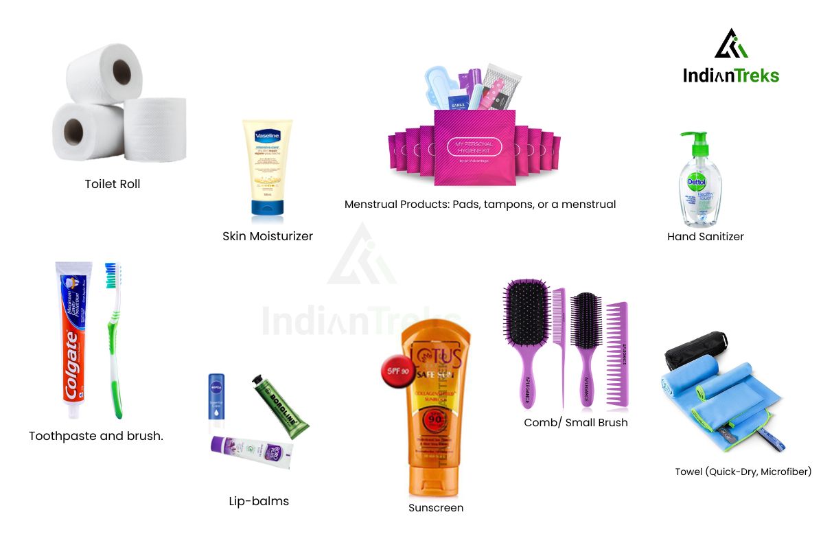 Essential toiletries for Himalayan trek including sunscreen, quick-dry towel, wet wipes, toothbrush, and lip balm
