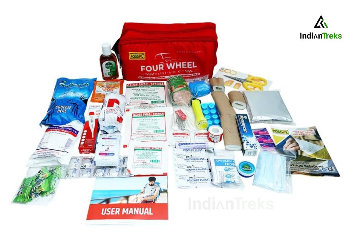 First aid kit and essential medicines for Himalayan trek including bandages, painkillers, and altitude sickness medication