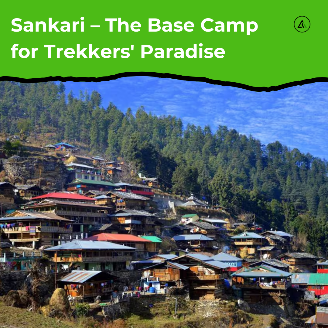 Scenic view of Sankri village, nestled in the Himalayas, with wooden houses and towering snow-capped peaks in the background—gateway to treks like Kedarkantha and Har Ki Dun.